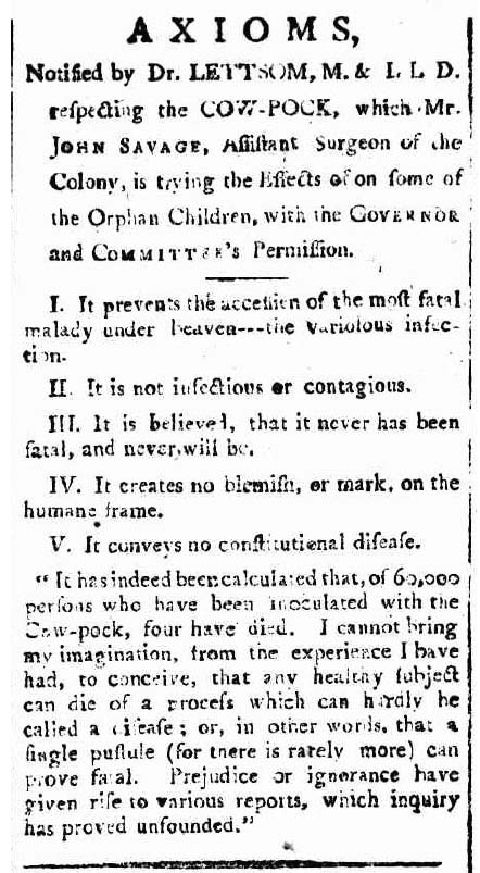 The Sydney Gazette article from 15 May, 1803 discussing vaccinations to be carried out by Dr John Savage